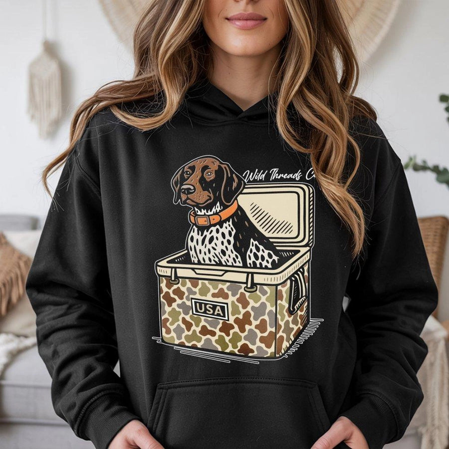 Hunting Dog Cooler Hoodie | Patriotic Camo USA Graphic Design | Premium Cotton Blend | Gift for Country Boy Outdoorsman