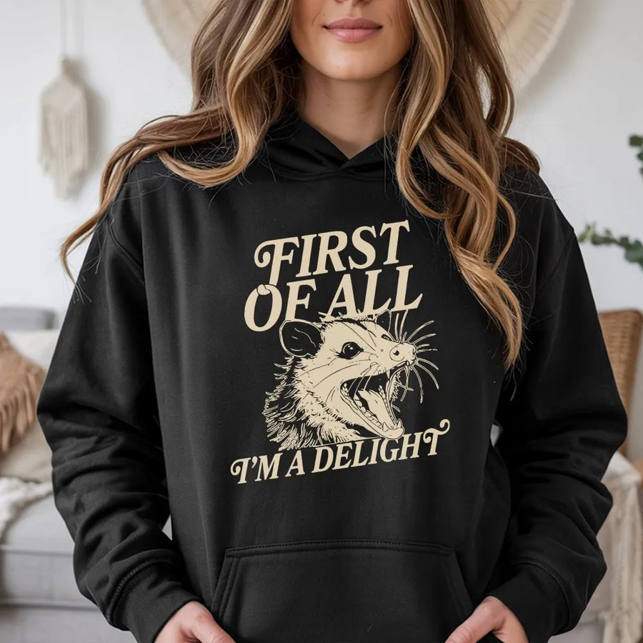 Sarcastic Opossum Hoodie | Vintage 'I'm a Delight' Funny Graphic | Soft Cotton Unisex Tee | Humorous Gift for Possum Lovers