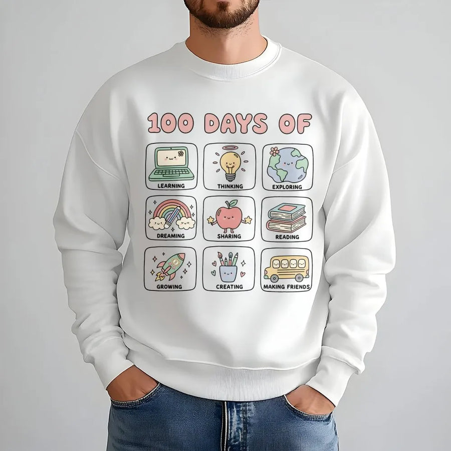 100 Days Of School Sweatshirt | Kawaii Teacher School Supplies Graphic | Soft Cotton Blend | Cute Gift For Elementary Teachers And Students
