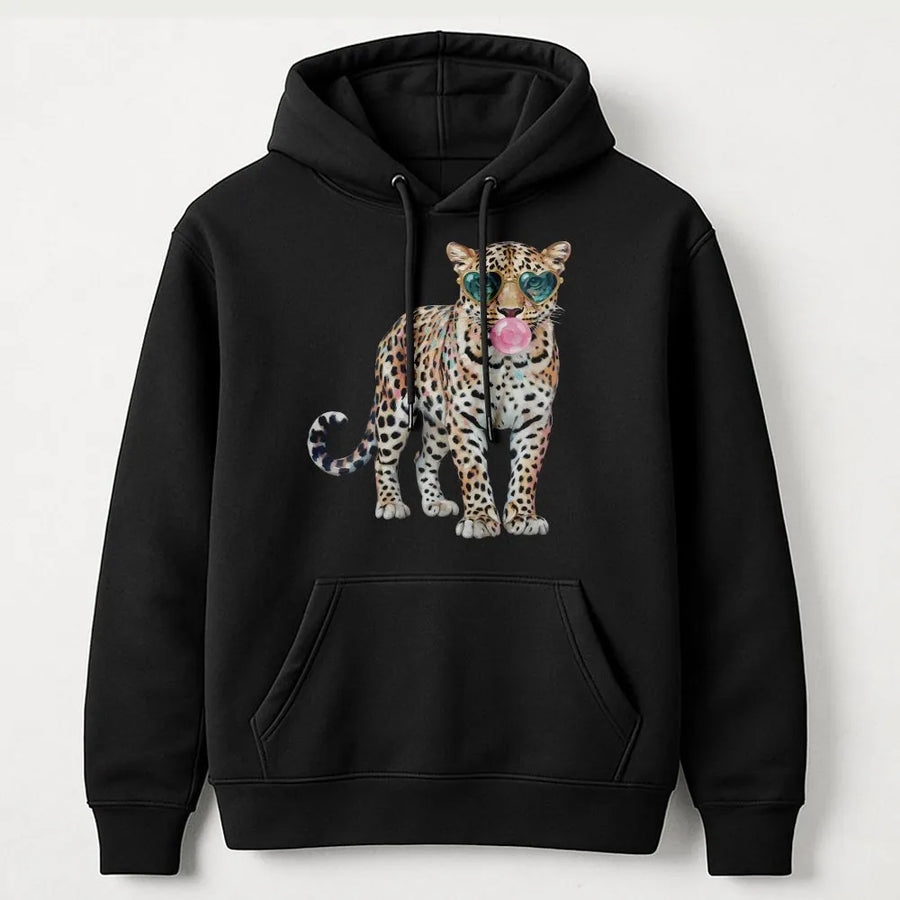 Leopard Bubblegum Hoodie | Cute Animal Print with Heart Sunglasses | Soft Cozy Pullover | Unisex Gift for Leopard Lovers