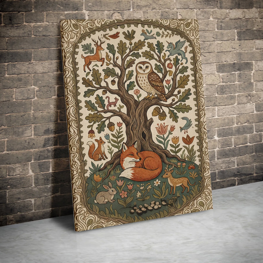 Enchanted Forest Tree of Life Canvas | Vintage Folk Art with Fox, Owl & Deer | Premium Gallery Wrapped Canvas | Whimsical Nursery Decor Gift