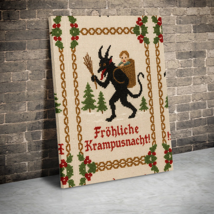 Krampus Wall Art Canvas | Frohliche Krampusnacht Cross-Stitch Design | Premium Gallery Wrapped Decor | Unique Gothic Holiday Gift For Folklore Fans