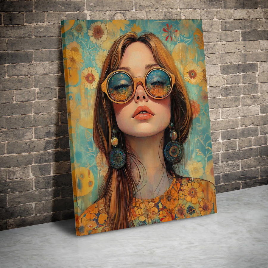 Boho Floral Woman Canvas Wall Art | Retro Hippie Aesthetic Portrait | Premium Fade-Resistant Gallery Print | Gift for Home Office Decor