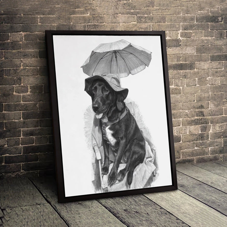Black Labrador Dog Art Print | Whimsical Pencil Sketch with Hat and Umbrella | 1.25 Inch Gallery Canvas | Premium Dog Lover Wall Decor Gift