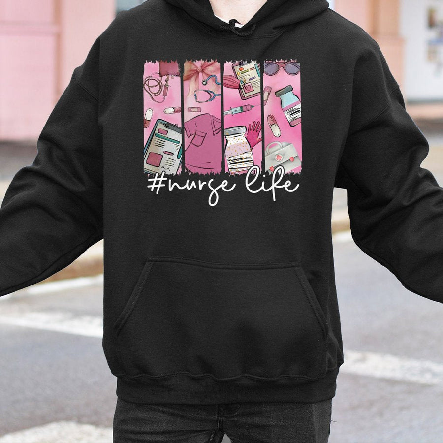 Nurse Life Hoodie | Pink Medical Supplies Aesthetic Design | Premium Cotton-Poly Blend | Cute Gift for Nurses and Nursing Students