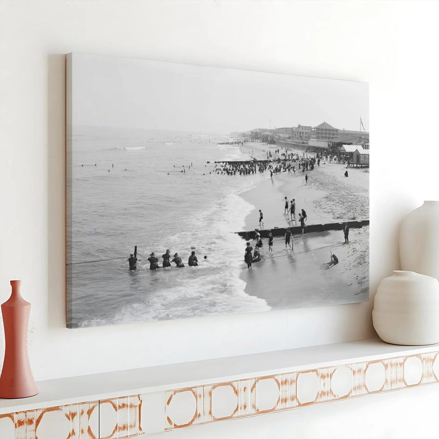 Vintage Beach Scene Canvas Print | Historic Seaside Boardwalk Photography | Premium Gallery Wrap Canvas | Coastal Home Decor Gift
