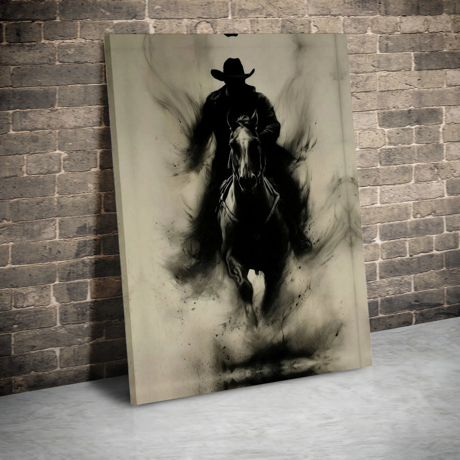 Western Cowboy Horse Canvas Wall Art | Charcoal Sketch Silhouette | Premium Fade-Resistant Print | Rustic Farmhouse Home Decor Gift