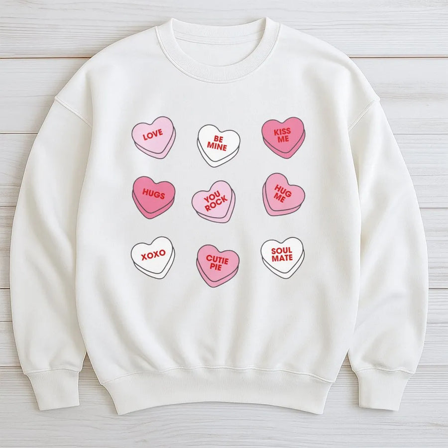 Conversation Hearts Sweatshirt | Retro Valentine Candy Print | Premium Cotton Blend Crewneck | Cute Valentine's Day Gift For Her Teacher