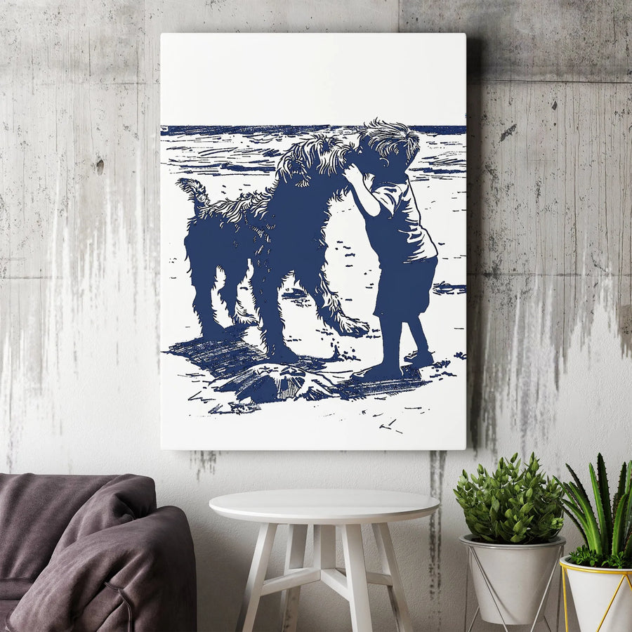 Boy and Dog Wall Art | Coastal Beach Scene Linocut Print | Premium Gallery Canvas | Heartwarming Nursery or Living Room Gift