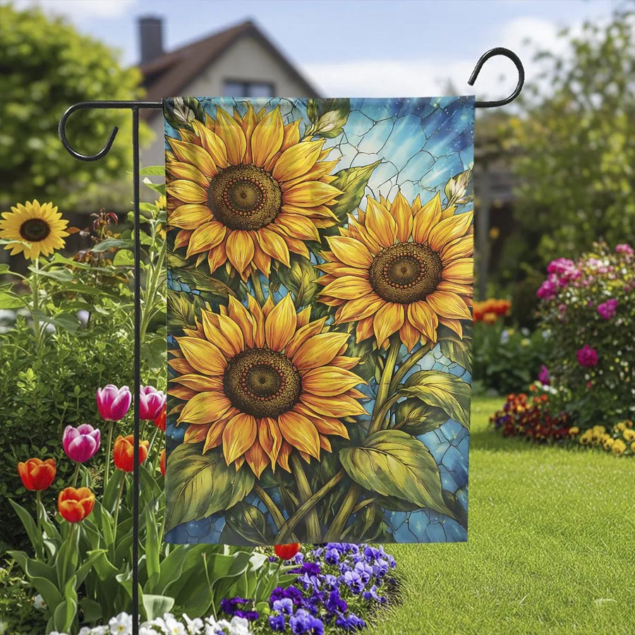 Sunflower Garden Flag | Stained Glass Style Yellow Mosaic Sunflowers | Double Sided Premium Weatherproof Polyester | Summer Lawn Decor & Housewarming Gift