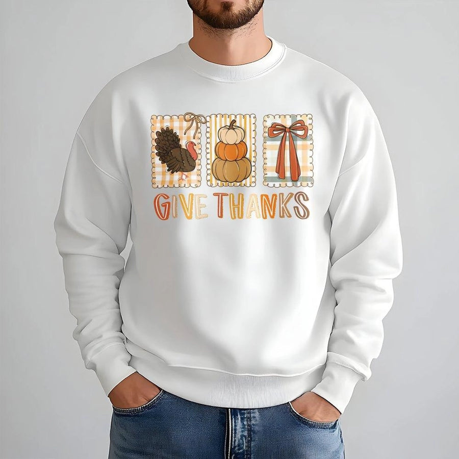 Give Thanks Thanksgiving Sweatshirt | Coquette Fall Pumpkin Turkey Bow Graphic | Premium Soft Blend Crewneck | Cute Holiday Gift for Women