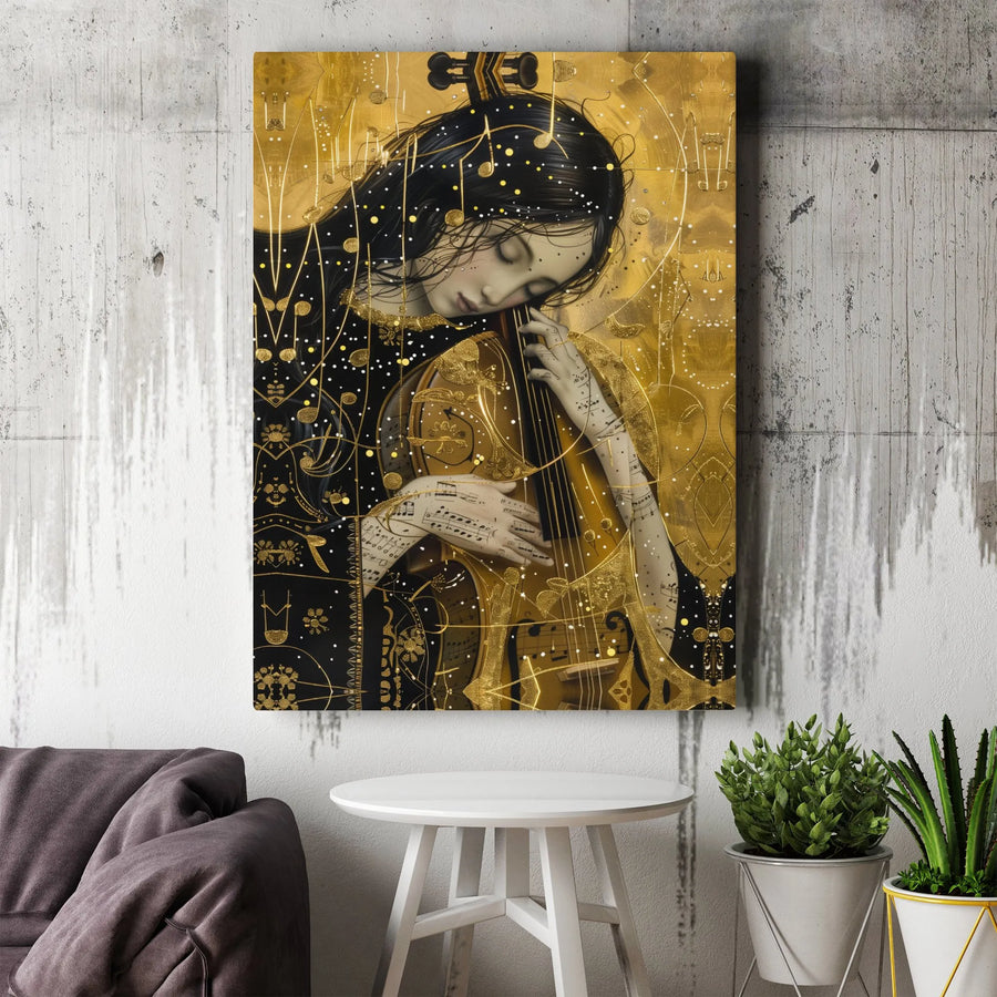 Golden Muse Cello Canvas Art | Abstract Musical Notes Illustration | Premium Thick Gallery Wrap | Gift for Musician Home Decor