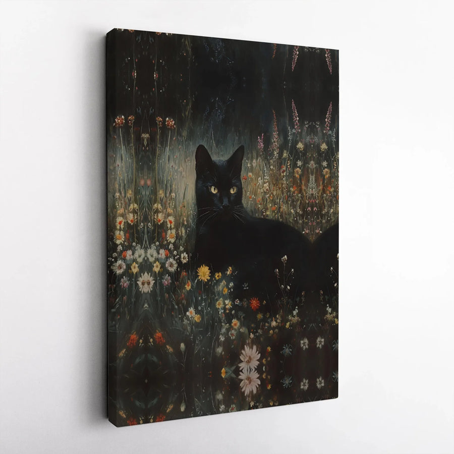 Black Cat Canvas Wall Art | Moody Wildflower Garden Print | Premium Gallery-Wrapped 1.25" Frame | Botanical Home Decor for Cat Lovers