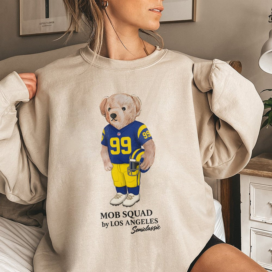 Mob Squad By Los Angeles Semiclassic With A Teddy Bear Dressed In A Los Angeles Rams Number 99 Football Uniform Sweatshirt