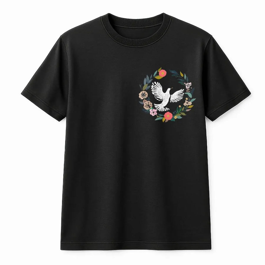 Peace Dove T-Shirt | Floral Wreath Botanical Print | Soft Cotton Blend Unisex Crewneck | Premium Spiritual Gift for Nature Lovers