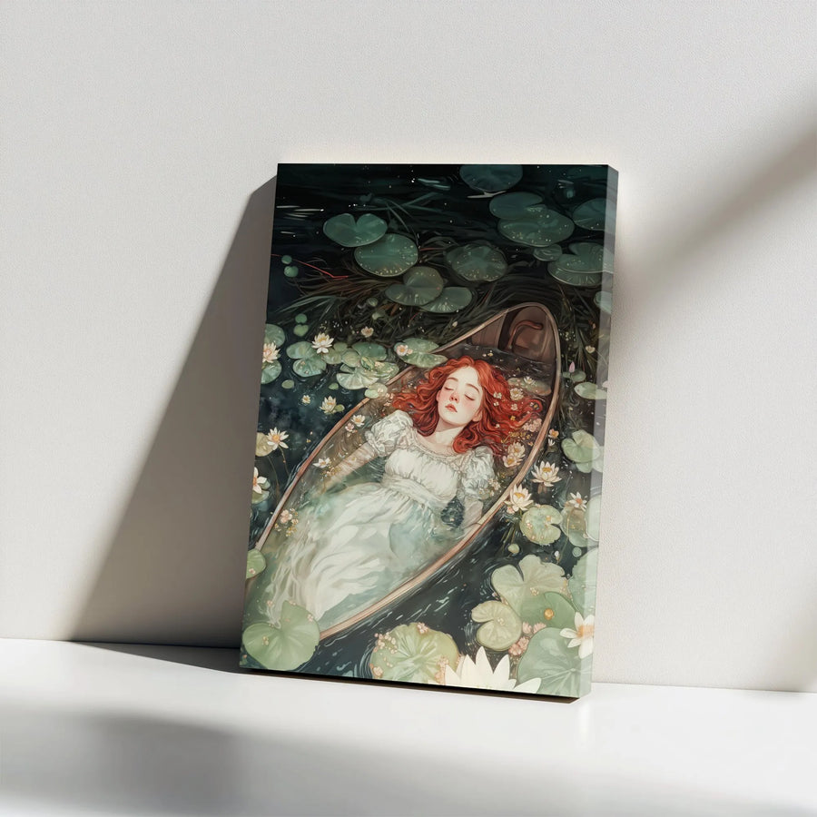 Serene Maiden Canvas Wall Art | Redhead Woman in Water Lily Pond | Premium Gallery Wrap Print | Fantasy Art Gift for Romantic Bedroom Decor