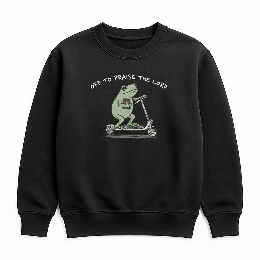 Christian Frog Sweatshirt | Funny 'Off To Praise The Lord' Graphic | Premium Cotton Blend Crewneck | Cute Faith Based Religious Gift