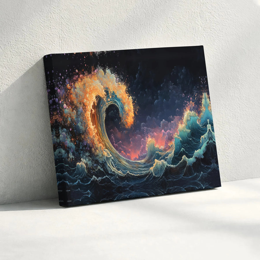 Cosmic Ocean Wave Canvas Print | Glowing Sunset Abstract Seascape Wall Art | Premium Gallery-Wrapped Gallery Quality | Modern Home Decor Gift