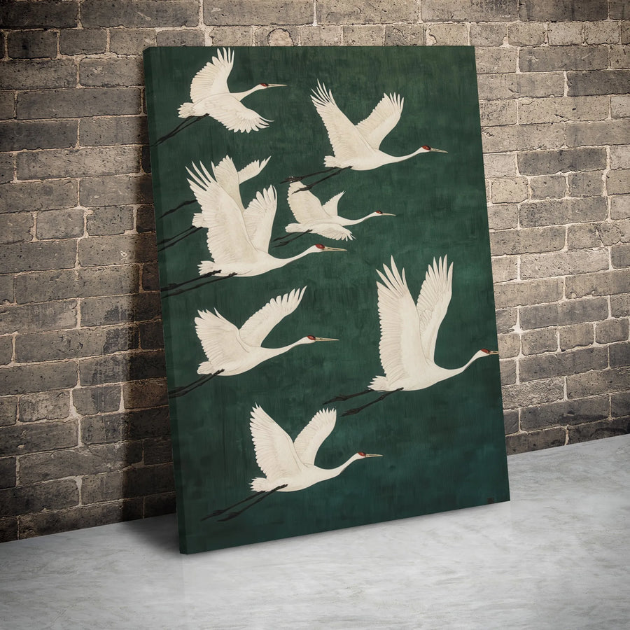 Japanese Red-Crowned Crane Canvas Art | Flying Birds Zen Wall Decor | 1.25” Thick Gallery Wrap | Elegant Living Room Gift