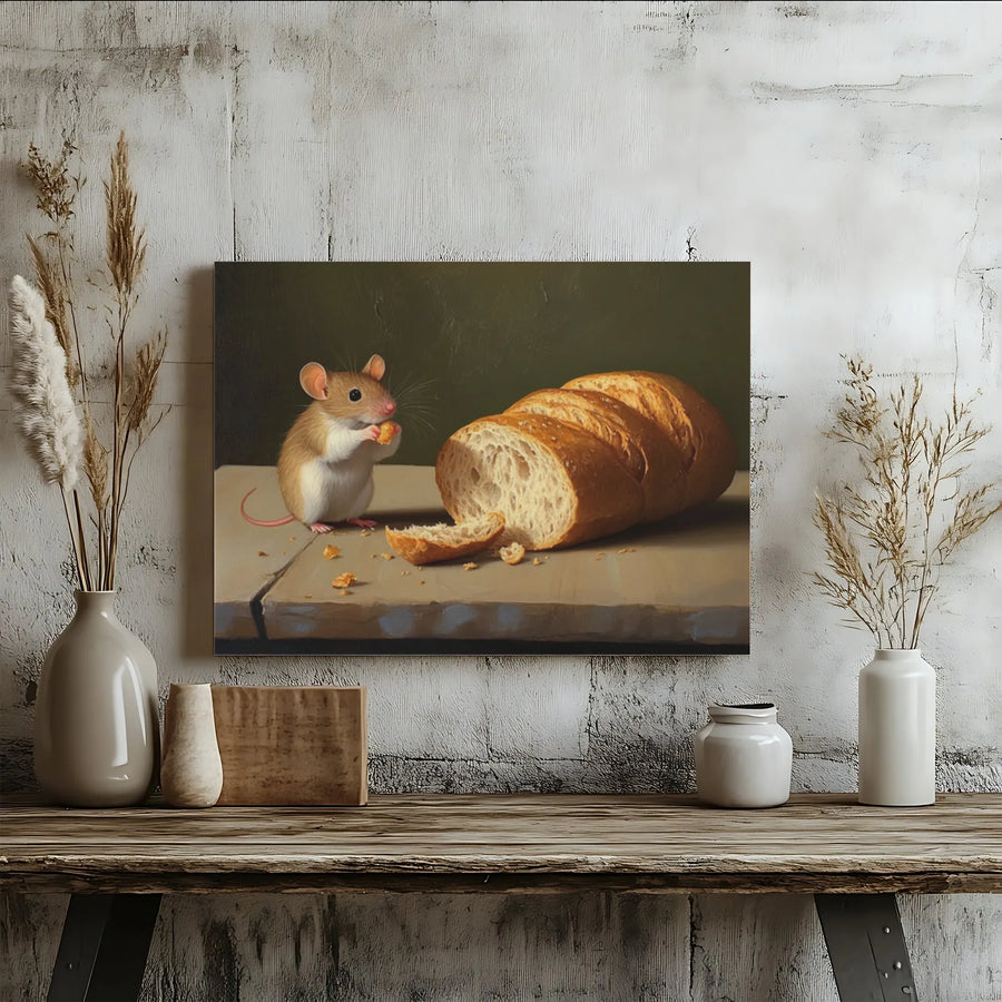 Mouse Eating Bread Canvas Art | Cute Animal Oil Painting Style | Premium Gallery Wrap Print | Whimsical Kitchen Wall Decor Gift