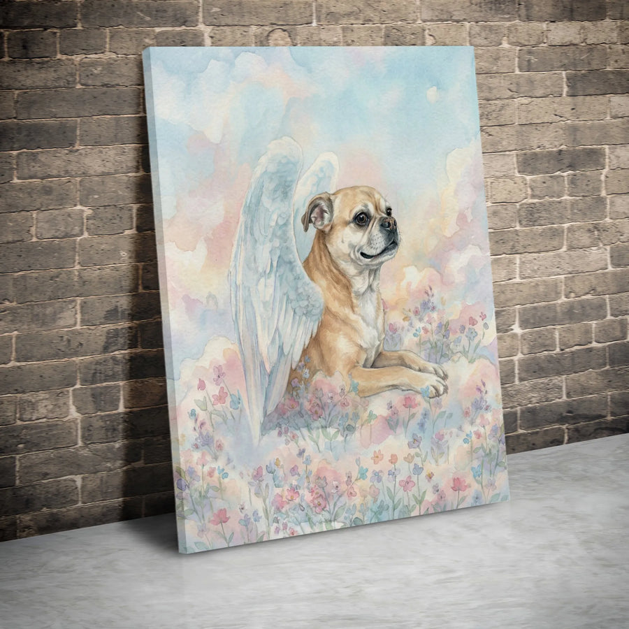 Dog Memorial Canvas Wall Art | Watercolor Puggle Angel Portrait | Premium Gallery Wrapped Canvas | Sympathy Gift for Pet Loss