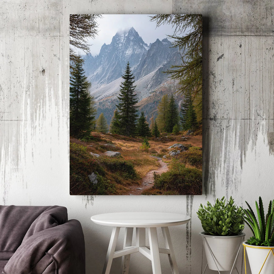 Mountain Landscape Vertical Canvas | Autumn Pine Forest Hiking Trail Photo | Premium Gallery Wrapped Print | Rustic Cabin & Office Decor
