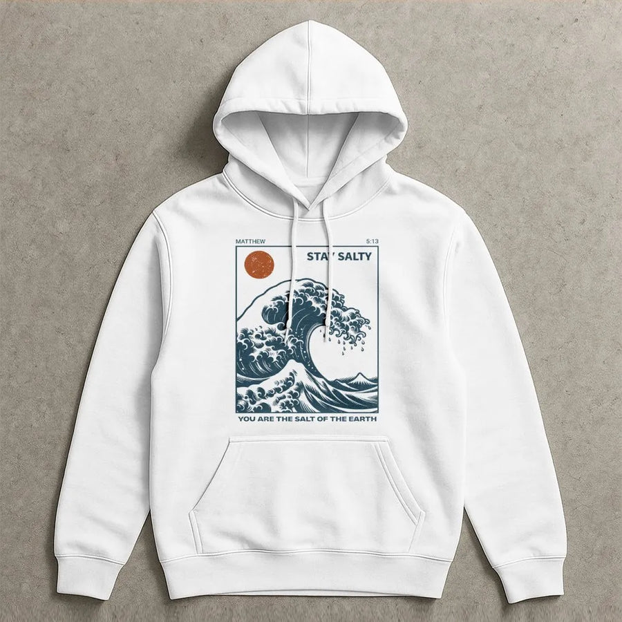 Stay Salty Christian Hoodie | Great Wave Aesthetic Bible Verse Graphic | Premium Cotton Blend | Faith-Based Gift for Men and Women
