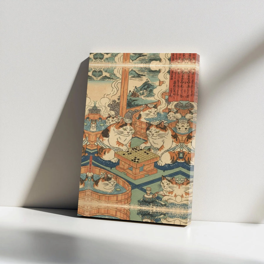 Japanese Cat Art Canvas Print | Ukiyo-e Style Bathhouse Scene | 1.25" Gallery Wrap | Whimsical Animal Wall Decor for Home or Office Gift