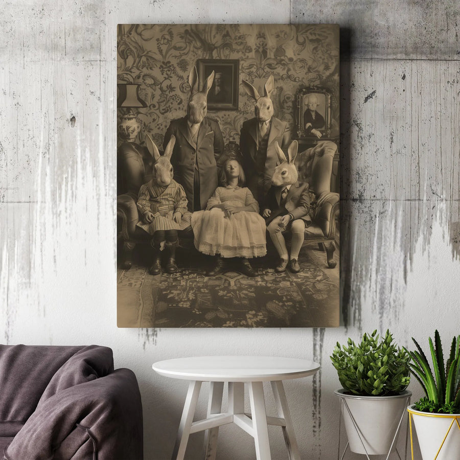 Surreal Rabbit Family Portrait Canvas | Vintage Gothic Wall Art | Premium 1.25 Inch Gallery Wrap | Unique Home Decor Gift