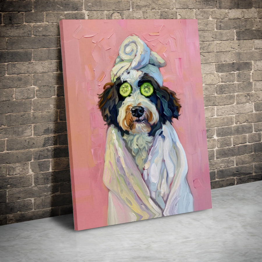 Dog Spa Day Wall Art | Funny Puppy in Towel with Cucumber Slices | Premium Gallery Wrapped Canvas | Whimsical Bathroom Decor Gift for Dog Lovers