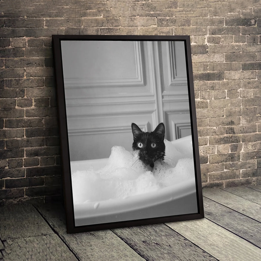 Black Cat in Bathtub Wall Art | Funny Bathing Kitten Photography | Premium Gallery Wrapped Canvas | Whimsical Bathroom Decor Gift