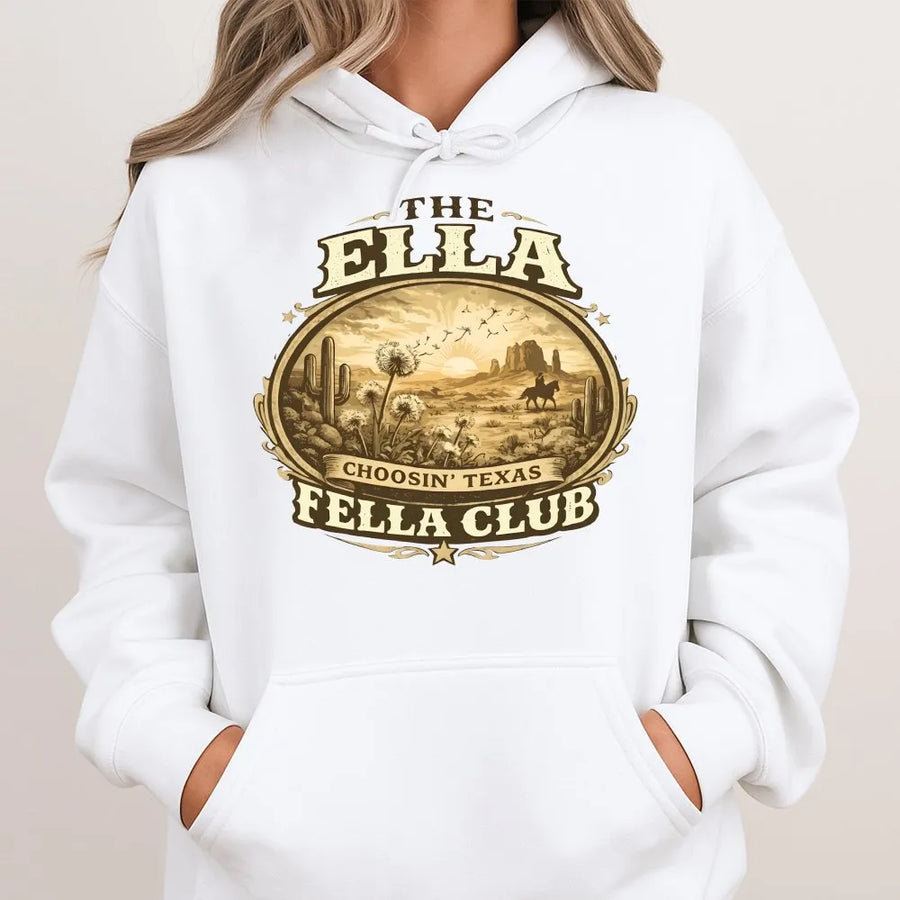 Western Cowboy Hoodie | Vintage Ella Fella Club Texas Rodeo Graphic | Soft Cotton Blend | Unisex Oversized Country Apparel Gift