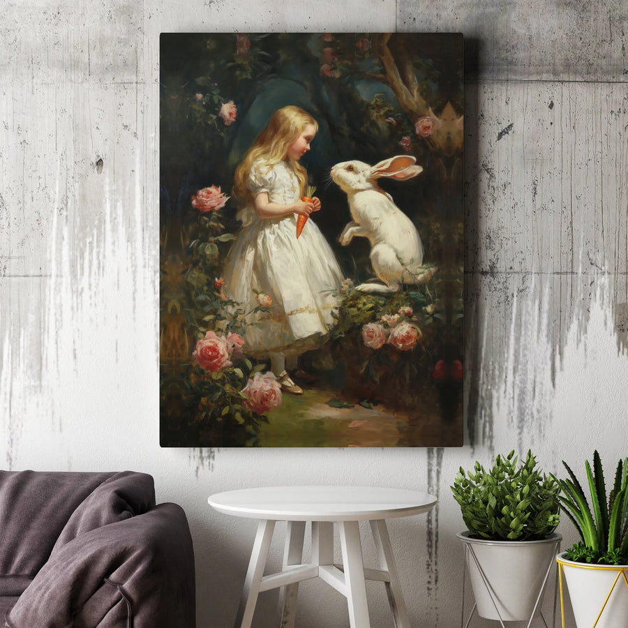 Vintage Girl and Rabbit Canvas Print | Victorian Style Botanical Illustration | Premium Gallery Wrap Wall Art | Whimsical Nursery Decor Gift