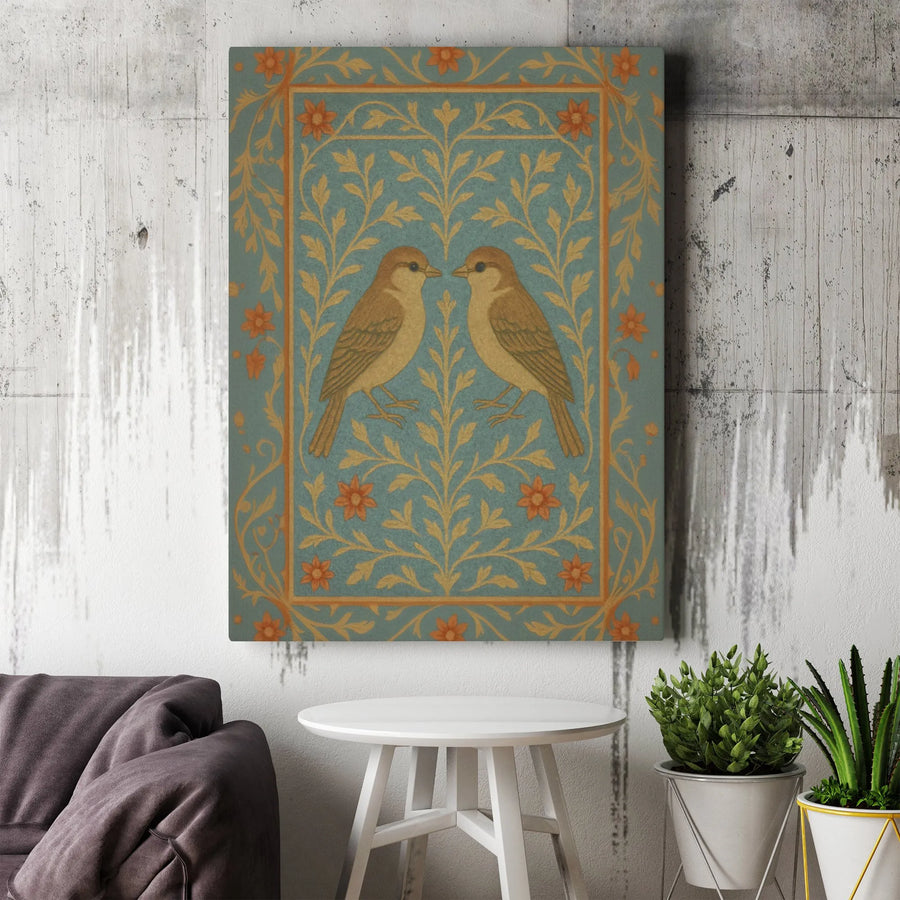 Two Sparrows Canvas Wall Art | Vintage Floral Bird Illustration | Gallery Wrap Premium Print | Cottagecore Nature Decor Gift for Bird Lovers