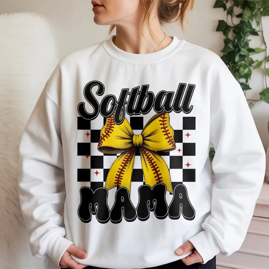Softball Mama Sweatshirt | Retro Checkerboard Bow Graphic | Premium Cotton Blend | Game Day Apparel Gift for Baseball Mom
