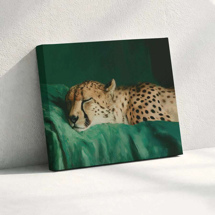 Tranquil Cheetah Canvas Wall Art | Serene Big Cat Portrait in Oil Painting Style | Premium Gallery Print | Moody Emerald Green Decor for Living Room Gift