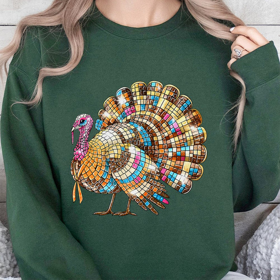 Thanksgiving Turkey Sweatshirt | Disco Ball Mosaic Graphic Design | Premium Cotton-Poly Blend | Cute Holiday Gift for Her