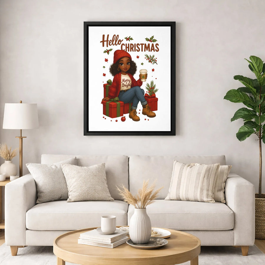 Hello Christmas Wall Art | Cute Black Girl With Coffee & Gifts | Premium Gallery Wrap Canvas | Festive Holiday Home Decor Gift