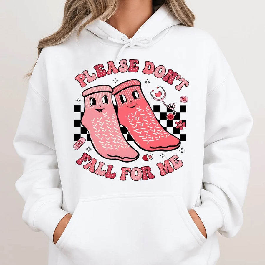 Nurse Valentine Hoodie | Please Don't Fall For Me Cute Graphic | Premium Cotton Blend | Gift For Student Nurses & Healthcare Workers