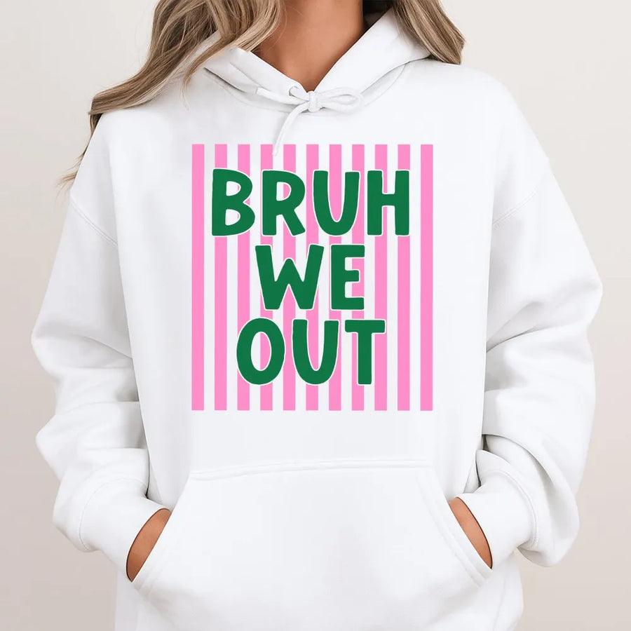 Bruh We Out Hoodie | Funny Meme Quote Sweatshirt with Pink & Green Stripes | Premium Cotton Blend | Trendy Streetwear Gift for Teens & Gen Z