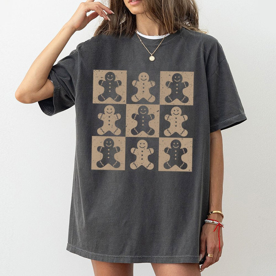 Gingerbread Man T-Shirt | Distressed Checkered Pattern | 100% Cotton Premium Tee | Cute Christmas Holiday Gift For Women And Men