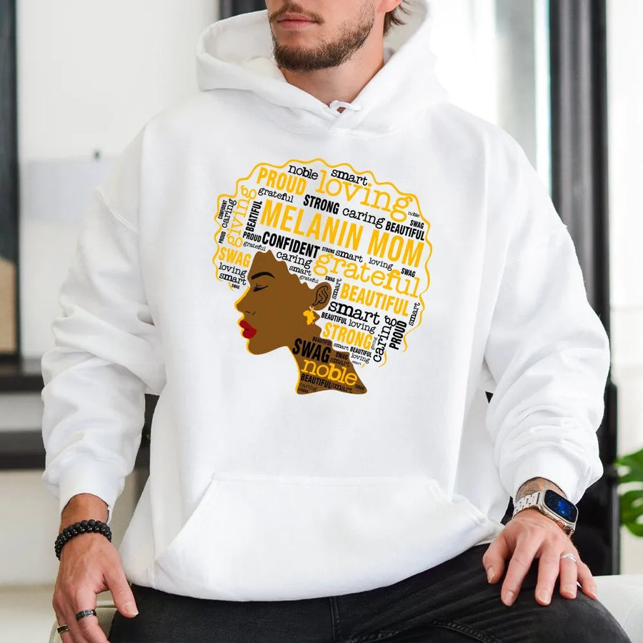 Melanin Mom Hoodie | Afro Woman Word Cloud Art | Premium Cotton Blend | Gift for Black Mothers and Empowered Women