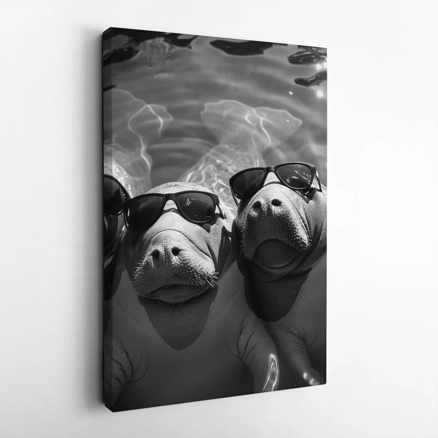 Manatee Wall Art | Funny Black and White Sea Cow with Sunglasses | Premium Gallery Wrapped Canvas | Coastal Home Decor Gift