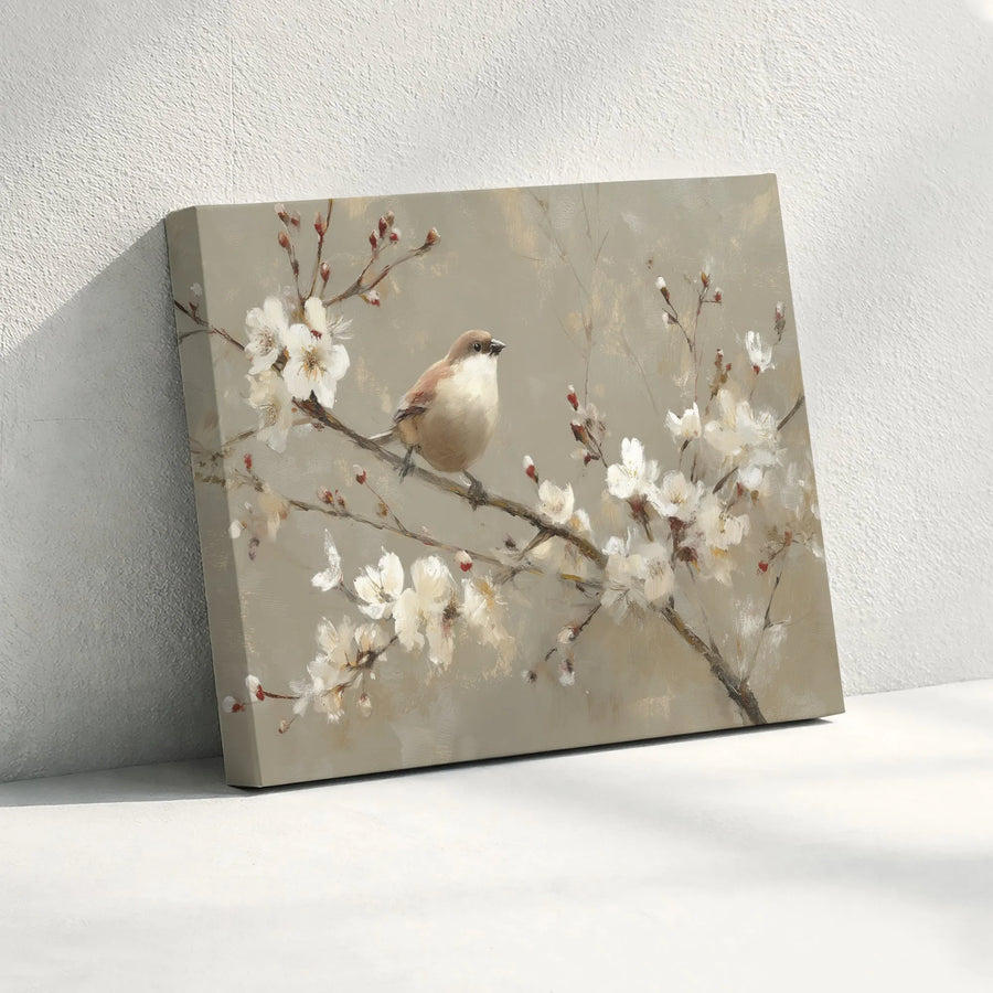 Vintage Bird and Blossom Canvas Art | Japanese Inspired Painting Print | Gallery Wrapped Premium Canvas | Neutral Farmhouse Living Room Wall Decor