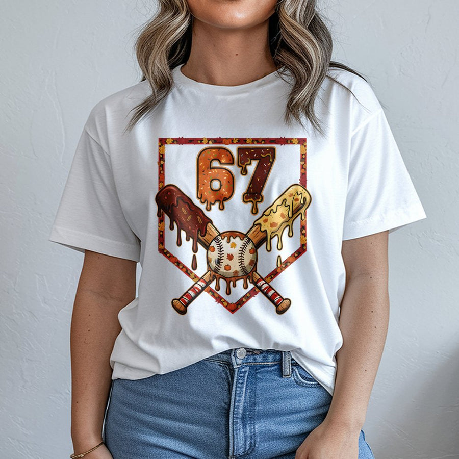 Baseball Number 67 T-Shirt | Dripping Chocolate Sports Graphic | Premium 100% Cotton | Thanksgiving Birthday Gift for Baseball Players
