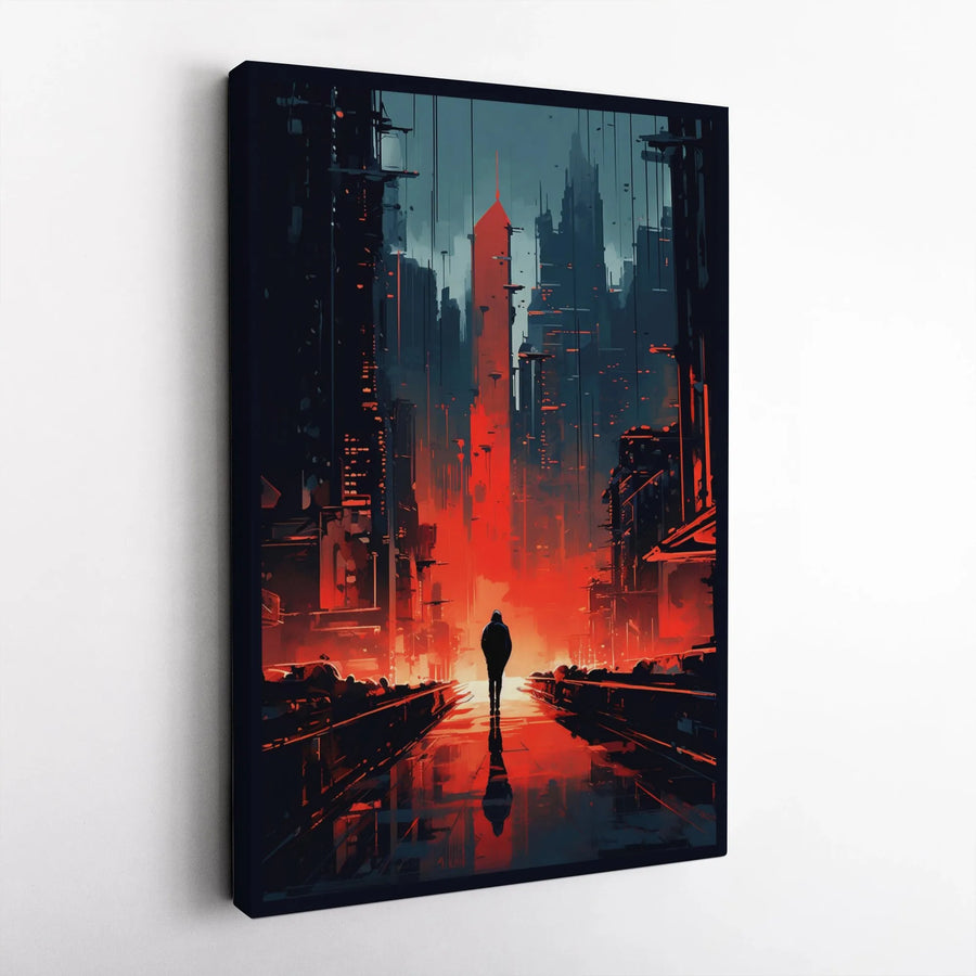 Cyberpunk City Wall Art | Futuristic Cityscape with Lone Figure | Premium Thick Gallery Canvas | Sci-Fi Gamer Room Decor Gift
