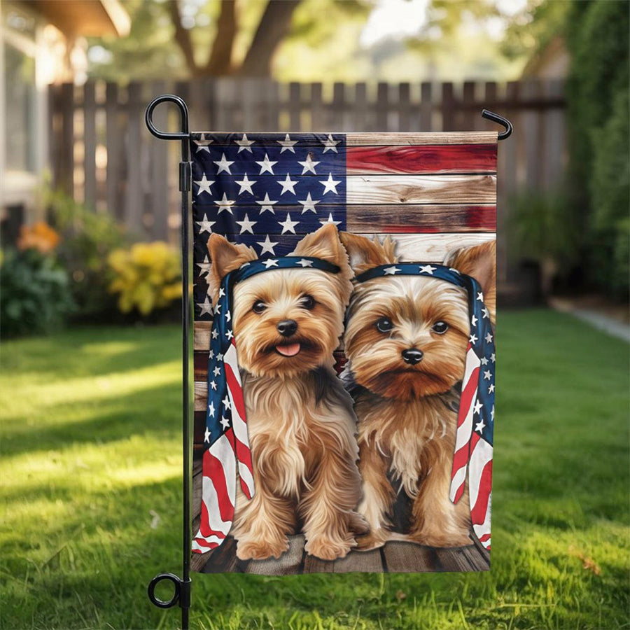 Yorkie Garden Flag | Patriotic American Flag & Cute Puppies | Weather-Resistant Polyester | Outdoor Decor for Dog Lovers Gift