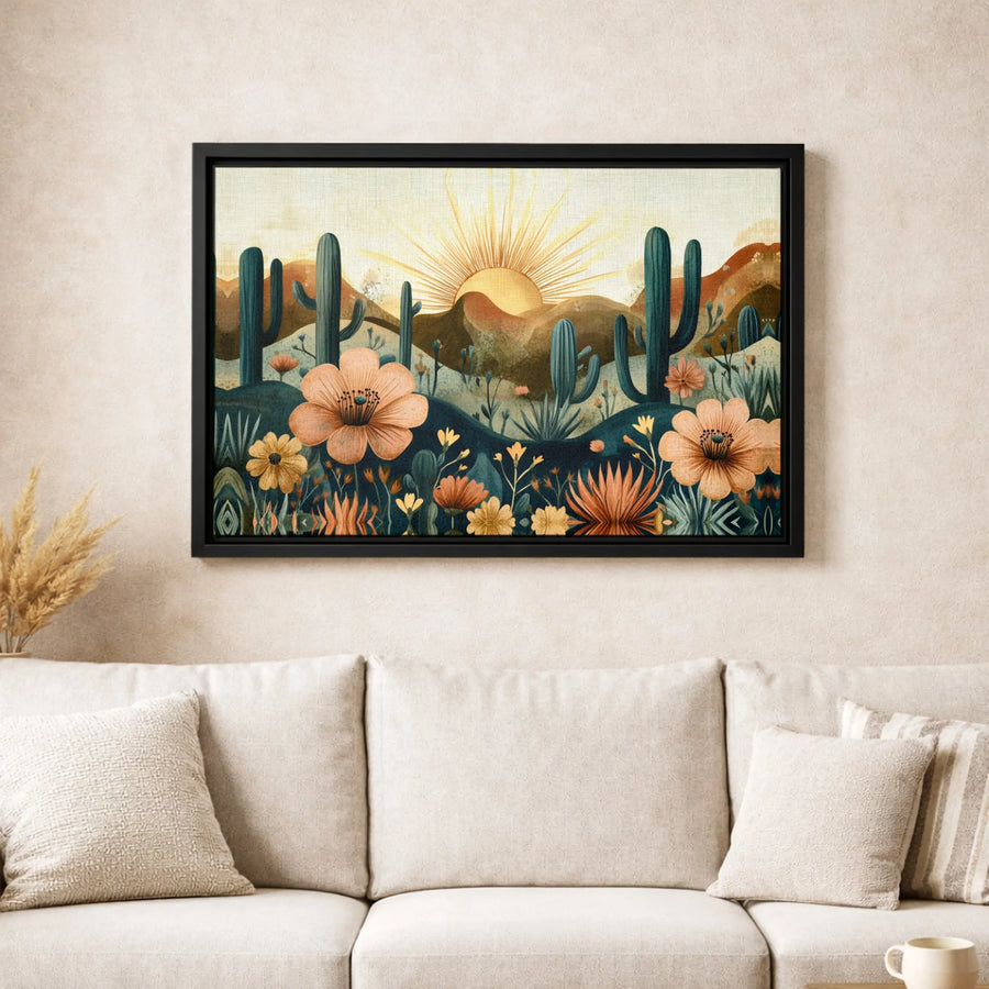Boho Desert Canvas Wall Art | Sunrise Cacti and Wildflowers Print | Premium Gallery-Wrapped Decor | Nature Inspired Gift for Home Office