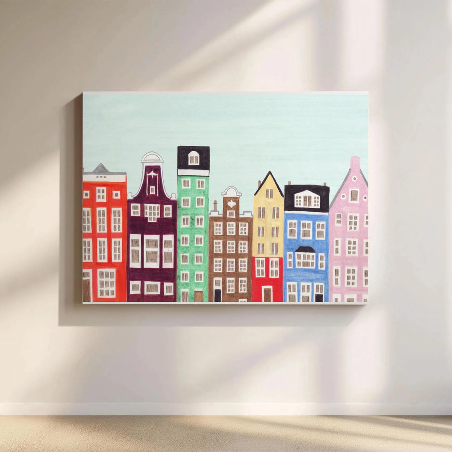 Amsterdam Canvas Wall Art | Colorful Dutch Canal Houses Sketch | Premium Gallery Wrapped Print | Netherlands Travel Souvenir Gift
