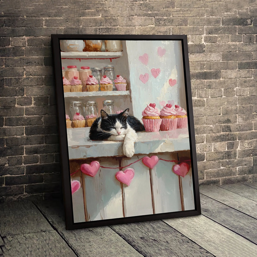 Tuxedo Cat Wall Art | Sleeping Kitten with Pink Cupcakes Painting | Premium 1.25" Gallery Wrapped Canvas | Valentine's Day Home Decor Gift